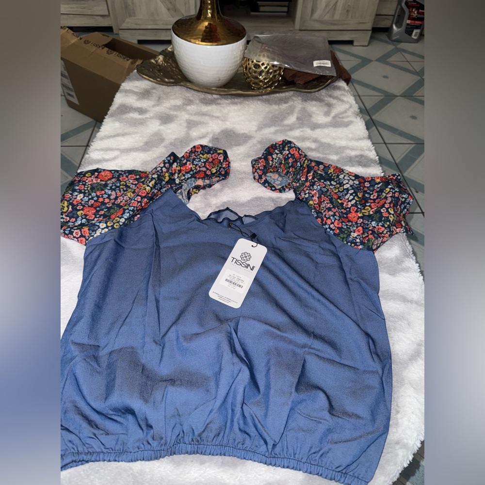 ISSI Blue Top with Floral Sleeves